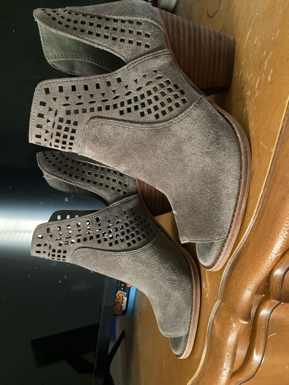 Gianni Bini Gray Taupe Suede Laser-Cut Peep-Toe Ankle Booties
